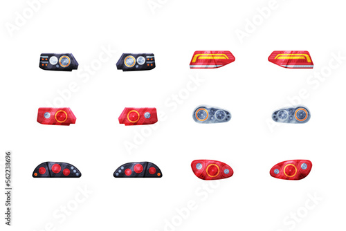 Headlights set. Front and back lights, car detail cartoon vector illustration