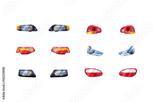 Car headlights set. Front and rare lights, car detail cartoon vector illustration