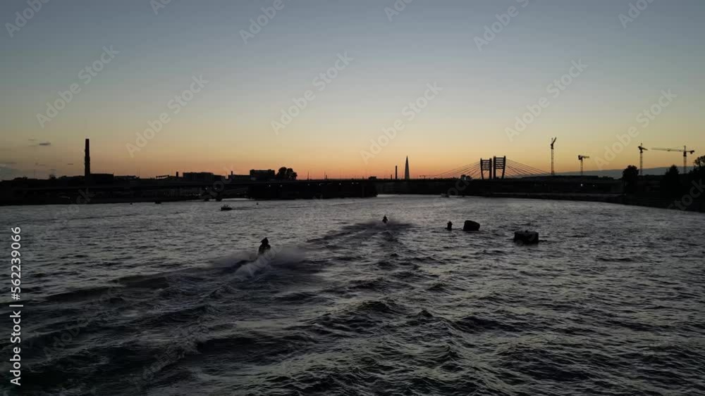 Amazing sunset view over the river in a European city. Drone view Amazing sunset view over the river in a European city. Drone view