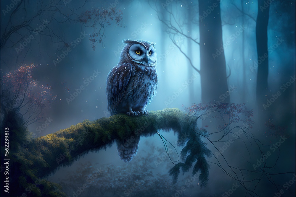 a painting of an owl sitting on a branch in a forest at night time with