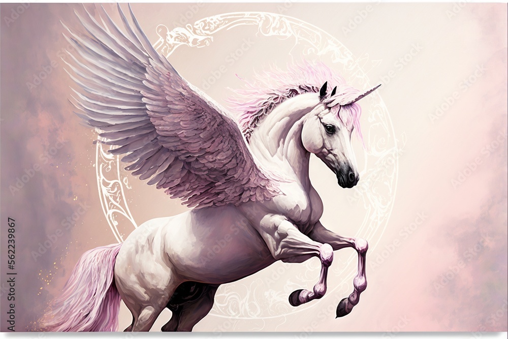 a white unicorn with pink mane and wings on a pink background with a ...