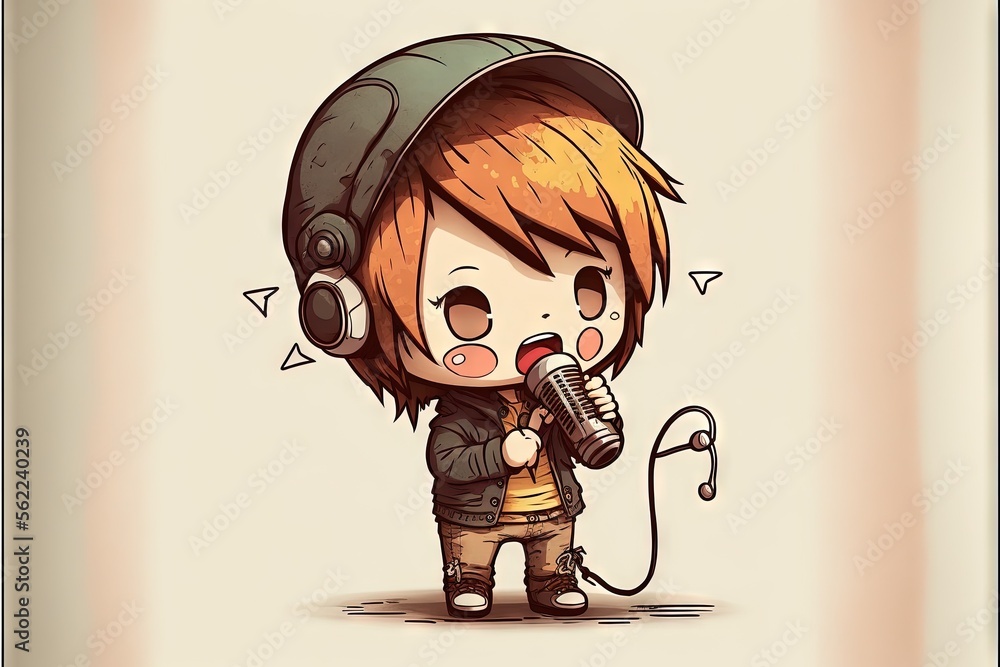 a cartoon character with headphones on holding a microphone and singing  into a microphone with a