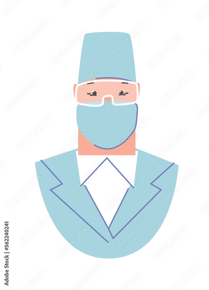 Reception of the patient at the dentist. Full face portrait of a doctor. Doctor on examination in a mask and goggles. Provision of dental services by professional dentists. Flat cartoon illustration. Reception of the patient at the dentist. Full face portrait of a doctor. Doctor on examination in a mask and goggles. Provision of dental services by professional dentists. Flat cartoon illustration.