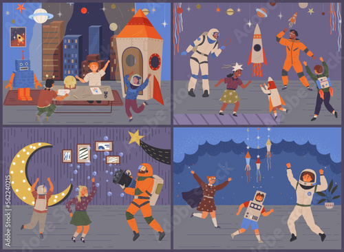 Children play with animators at birthday in cosmic style. Set of holiday scenes with people at space party. Kids in costumes have fun together. Joint pastime and recreation with friends at party