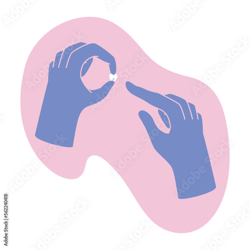 The dentist examines the molar. A gloved hand holds an extracted tooth. Professional examination and treatment of all types of dental diseases. Point to an object. Cartoon illustration.