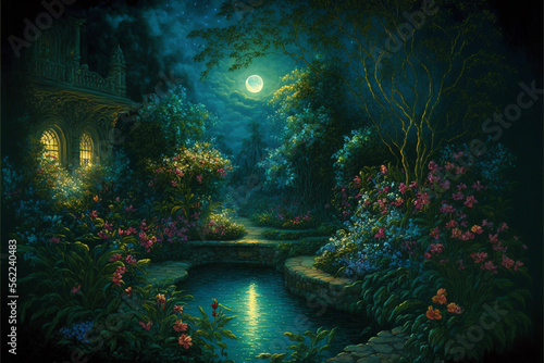 Lush Secret Garden at Night with Full Moon Reflecting in Water © Kelly Cree