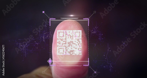 Composition of data processing with qr code and finger on black background