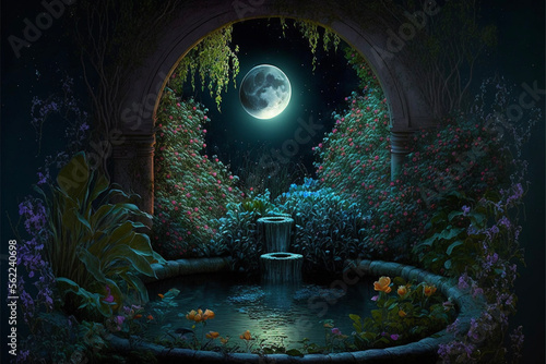  Lush Secret Garden with Fountain, Full Moon and Archway at Night Generative AI