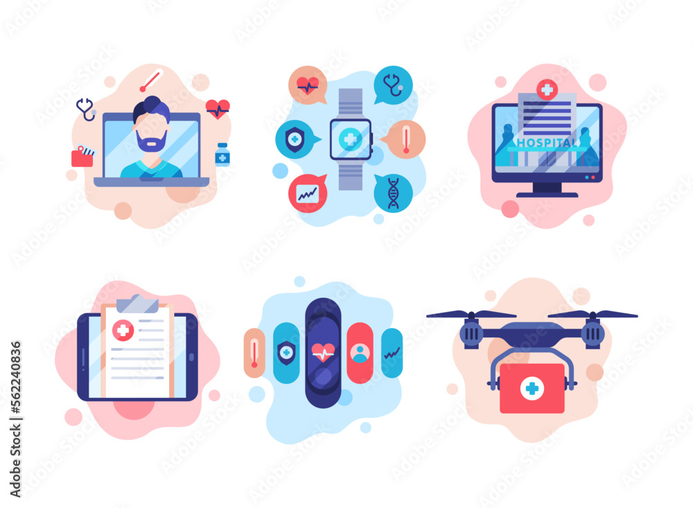 Medical services set. Telemedicine, pharmacy, online medical consultation, delivery of medicines support services cartoon vector illustration Medical services set. Telemedicine, pharmacy, online medical consultation, delivery of medicines support services cartoon vector illustration