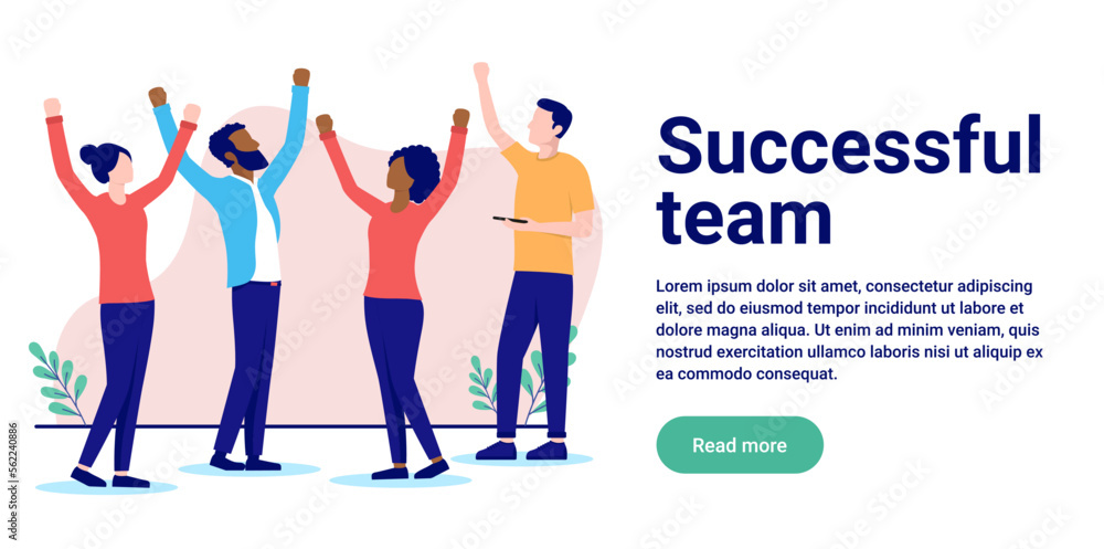 Successful team - Group of people cheering and celebrating success with hands in air in casual clothing. Flat design vector illustration with copy space and white background Successful team - Group of people cheering and celebrating success with hands in air in casual clothing. Flat design vector illustration with copy space and white background