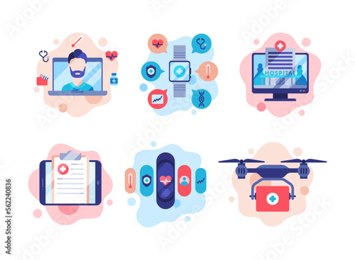Medical services set. Telemedicine, pharmacy, online medical consultation, delivery of medicines support services cartoon vector illustration