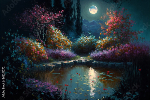 Lush Secret Garden Painting with Full Moon at Night Generative AI  © Kelly Cree
