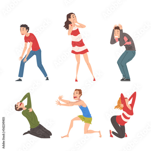 Set of panicked people. Emotional frightened male and female characters cartoon vector illustration