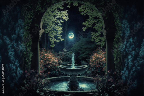 Lush Secret Garden with Fountain, Full Moon and Archway at Night Generative AI 