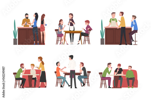 People sitting at cafe set. Friends drinking coffee, chatting and resting at tables in cafe. Barista and waiter serving customers cartoon vector illustration