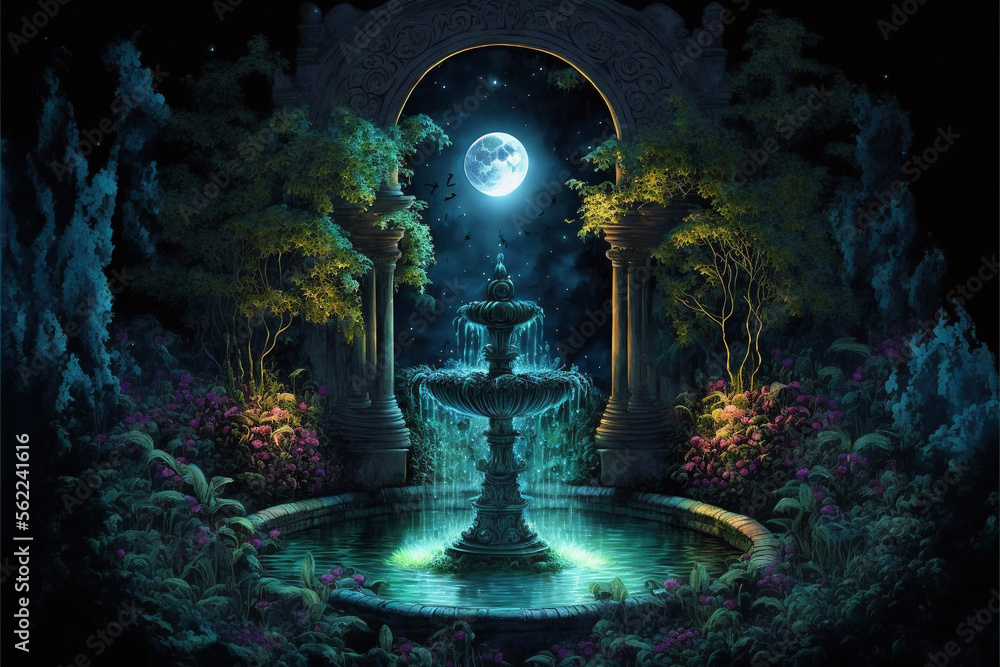 Lush Secret Garden with Fountain, Full Moon and Archway at Night Generative AI Lush Secret Garden with Fountain, Full Moon and Archway at Night Generative AI