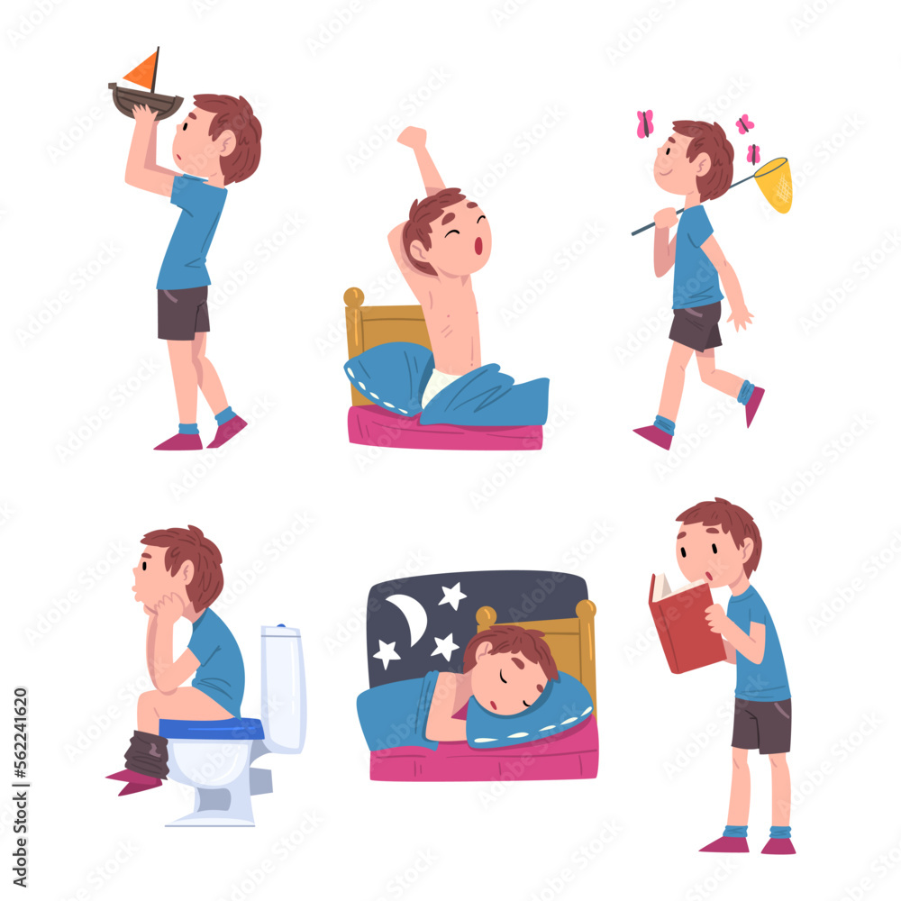 Cute boy daily routine set. Little child in everyday activities cartoon ...