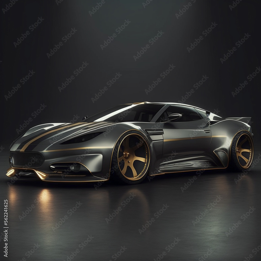 High Performance Sports Car, Gray with Gold Trim, Sleek, Fast, Concept Car (Generative AI)
