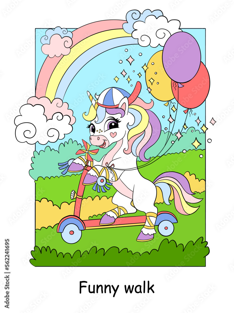 Fototapeta premium Cute unicorn riding a scooter kids color illustration