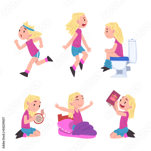 Cute girl daily routine set. Little child in everyday activities cartoon vector illustration