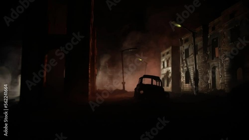 Nuclear war apocalypse concept. Explosion of nuclear bomb in city. City destroyed by atomic war. Creative artwork decoration in dark. Selective focus