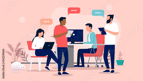 People in office conversation - Group of vector characters at work talking and having discussion with speech bubbles. Flat design