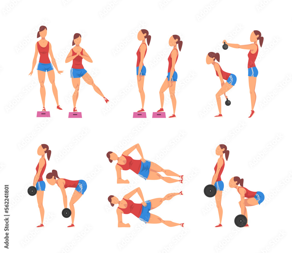 Athletic man and woman doing exercises in gym set. Male and female athlete characters doing physical workout cartoon vector illustration Athletic man and woman doing exercises in gym set. Male and female athlete characters doing physical workout cartoon vector illustration