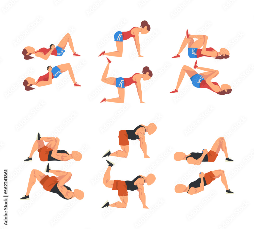 Athletic woman doing exercises in gym set. Female athlete character doing physical workout cartoon vector illustration