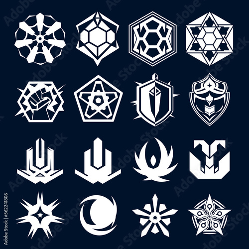 Abstract clan logo, icon, tattoo set for gaming, app, UI, print. Shields, swords, amulets and other heraldry. Vector illustration