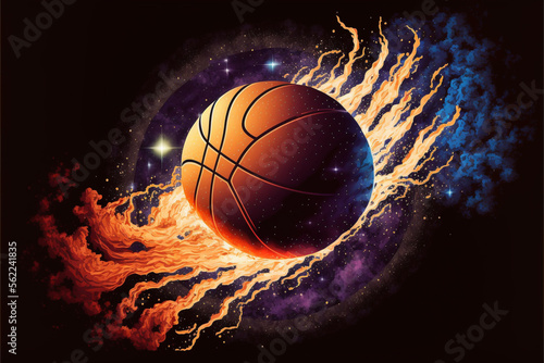 Basketball in Space, Blue, Orange, Purple, Fire, Asteroid Generative AI  © Kelly Cree