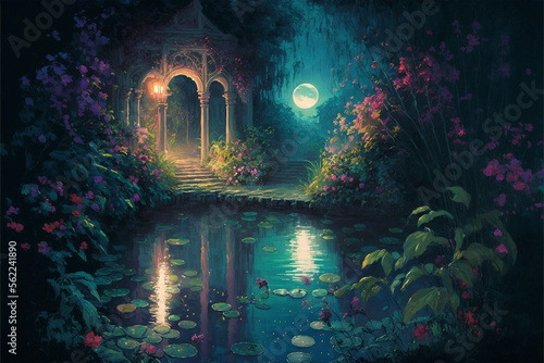 Lush Secret Garden Painting with Full Moon at Night Generative AI 