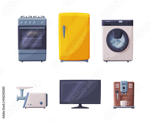 Set of home appliances. Gas stove, refrigerator, meat grinder, TV, coffee machine cartoon vector illustration