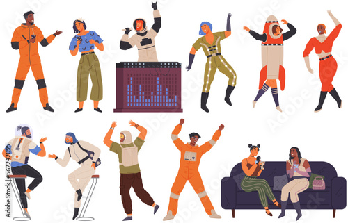 Animators at birthday party in cosmic style. Theme party in costumes. Dancing people in costumes have fun at space party. Characters in self made outfits surrounded by cosmic bodies, space disco