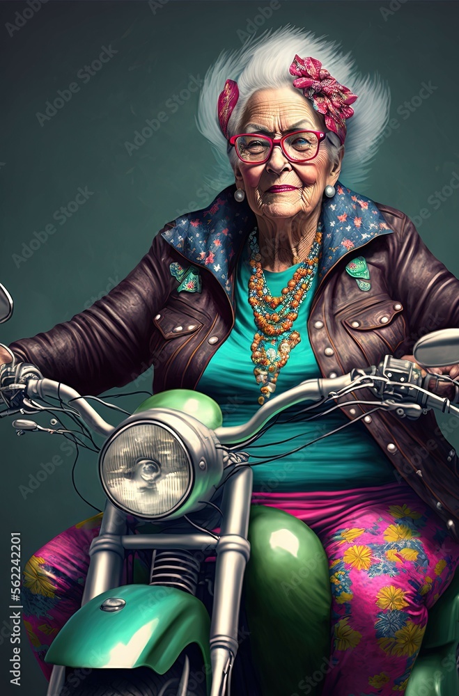 Colorful biker grandma grandmother on a motorcycle cool senior woman action shot generative ai Stock Illustration Adobe Stock