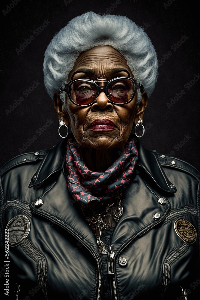 Black biker grandma, older woman in leather jacket, black senior mafia boss, cool senior woman portrait, generative ai Stock Illustration Stock