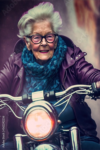 Cool biker grandma, grandmother on a motorcycle, cool senior woman action shot, generative ai © Sabine