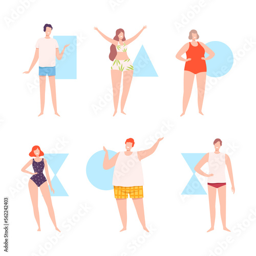 Set of male and female body shape types. Plump overweight women and men with triangle, hourglass, rounded, Inverted triangle, rectangle figure type cartoon vector illustration