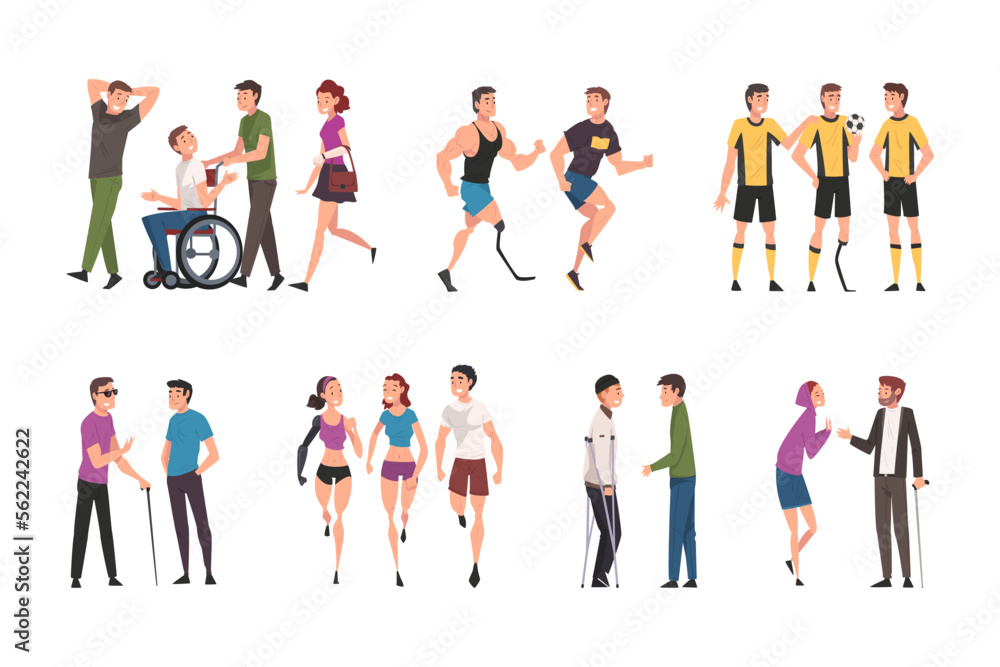 Happy disabled people with their friends set. People giving support for handicapped men and women cartoon vector illustration - obrazy, fototapety, plakaty 