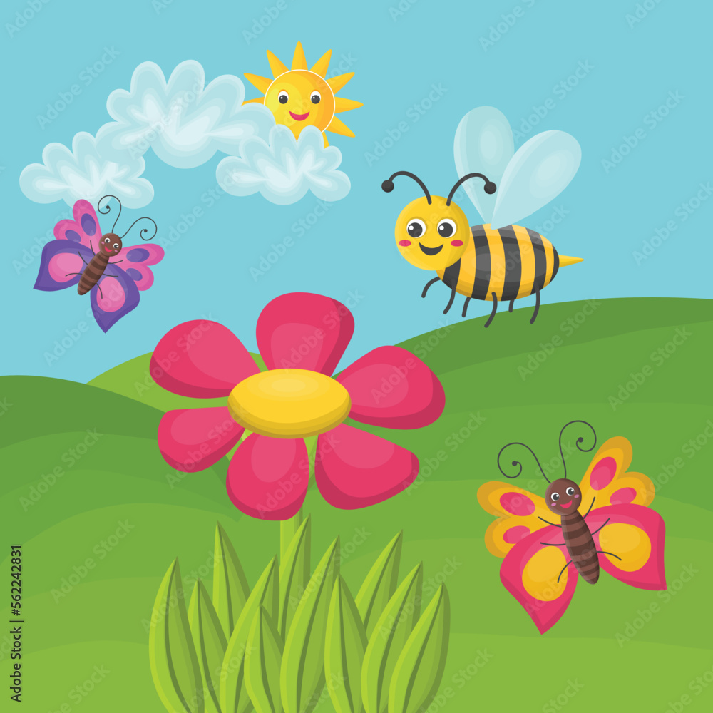 Sunny landscape with lawn, cute bee and butterflies, pink flower, sun and clouds, sunny summer day. The concept of happiness. Good mood.