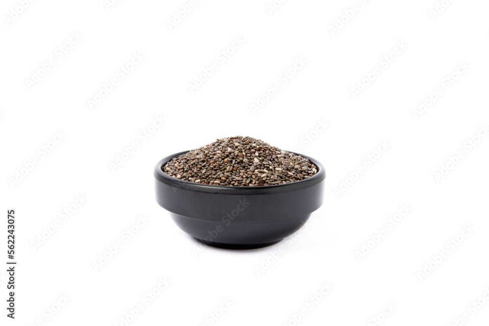 Chia seeds in bowl isolated on white background. SUPERFOOD Chia seeds in bowl isolated on white background. SUPERFOOD