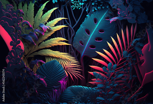 Canvastavla Divine Illumination: AI-Generated 3D Neon Jungle Abstracted Visual Art