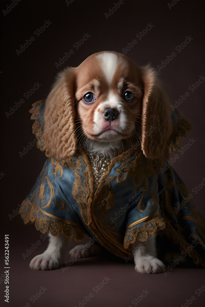 A cute puppy dog wearing a regal dress. Pet portrait in clothing  Stock-Illustration | Adobe Stock