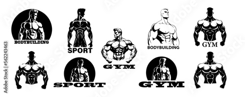 Bodybuilder logo template isolated on white background. Black and white. Badges for sports label, gym badge, fitness logo design, emblem. Graphics Sport Symbol. Vector illustration