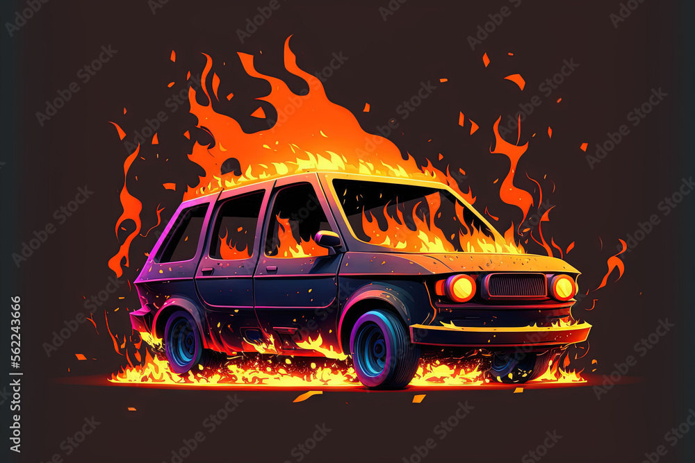 Close up of a burning automobile. Car after the fire, a vandalism offense, rioting automobile that has been set on fire. speeding caused an accident on the road. Explosion. Generative AI