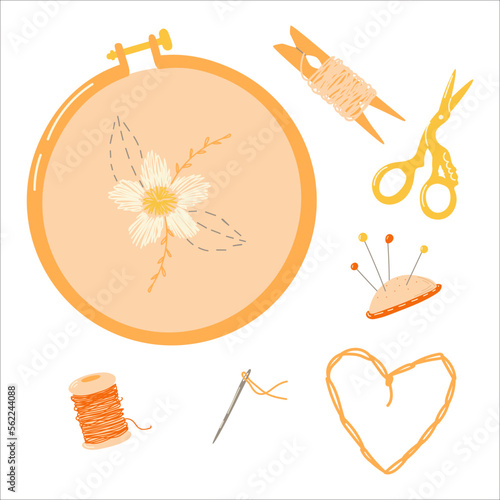 Needlepoint cross-stitch. Embroidery tools hoops, threads, needles. DIY items. Vector hand drawn illustration. Handmade set.
