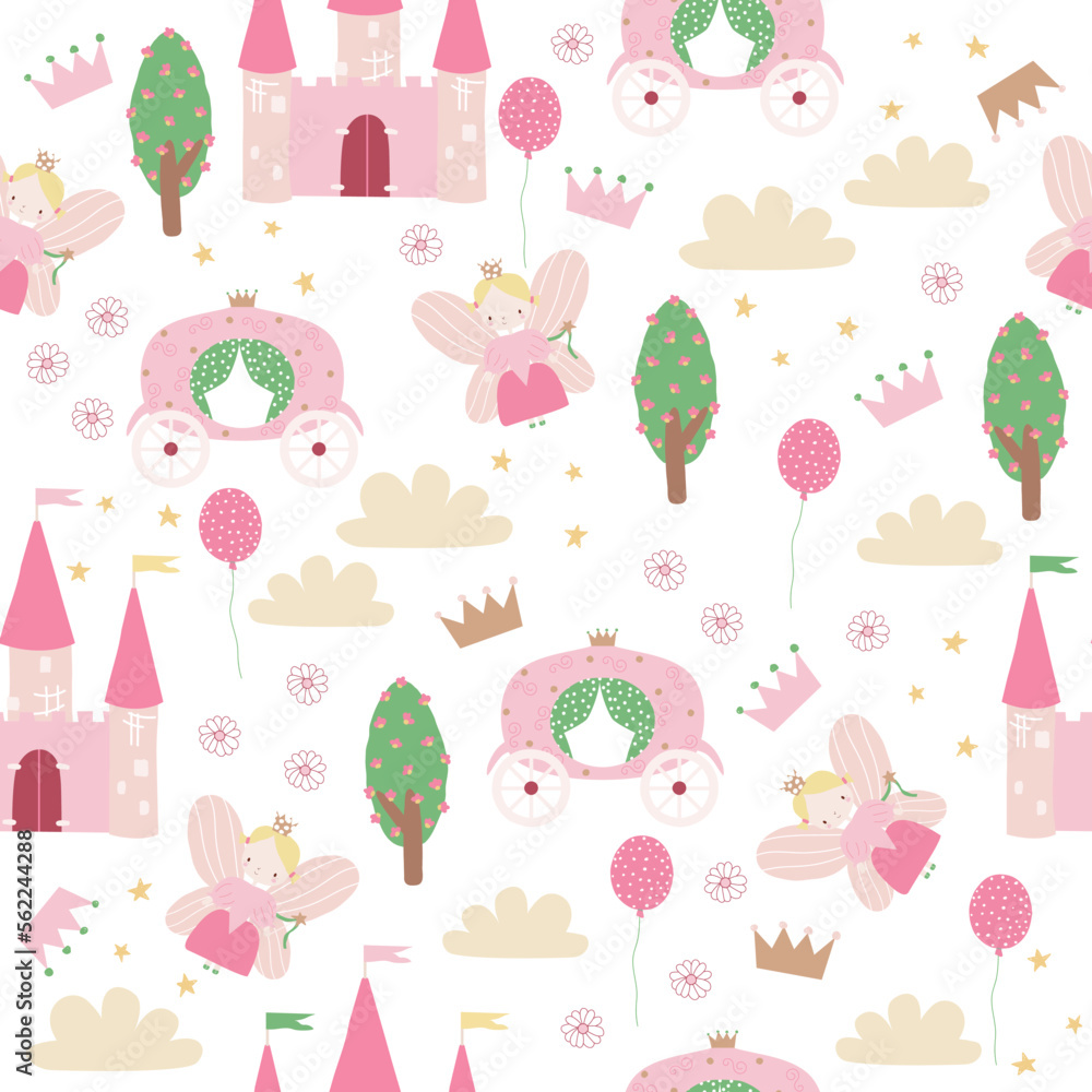 Seamless pattern with cute princess, castle and carriage. Funny fairy kingdom. Vector hand drawn illustration. Seamless pattern with cute princess, castle and carriage. Funny fairy kingdom. Vector hand drawn illustration.