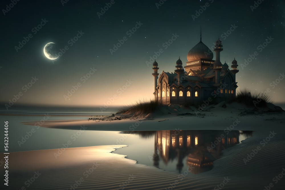 Night view of the Mosque on the beach, AI generated