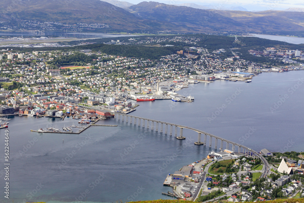 Tromsø city seen from the nearest mountain (Fløya) on a nice and warm autumn day,Troms county,Norway,Europe