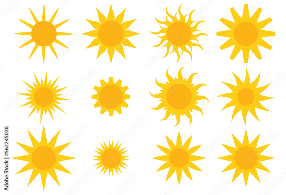 Big collection of yellow geometric flat style sun icons, symbols isolated on white background. Sunlight stickers set. Big collection of yellow geometric flat style sun icons, symbols isolated on white background. Sunlight stickers set.