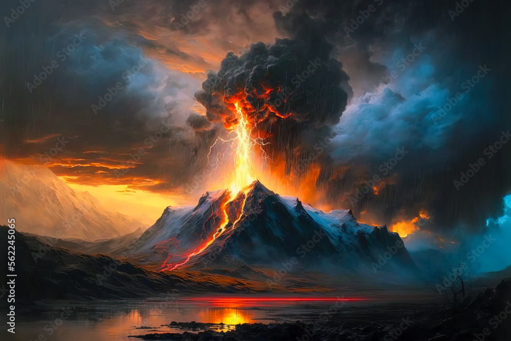 Volcano spewing lava into the sky. Generative AI.
